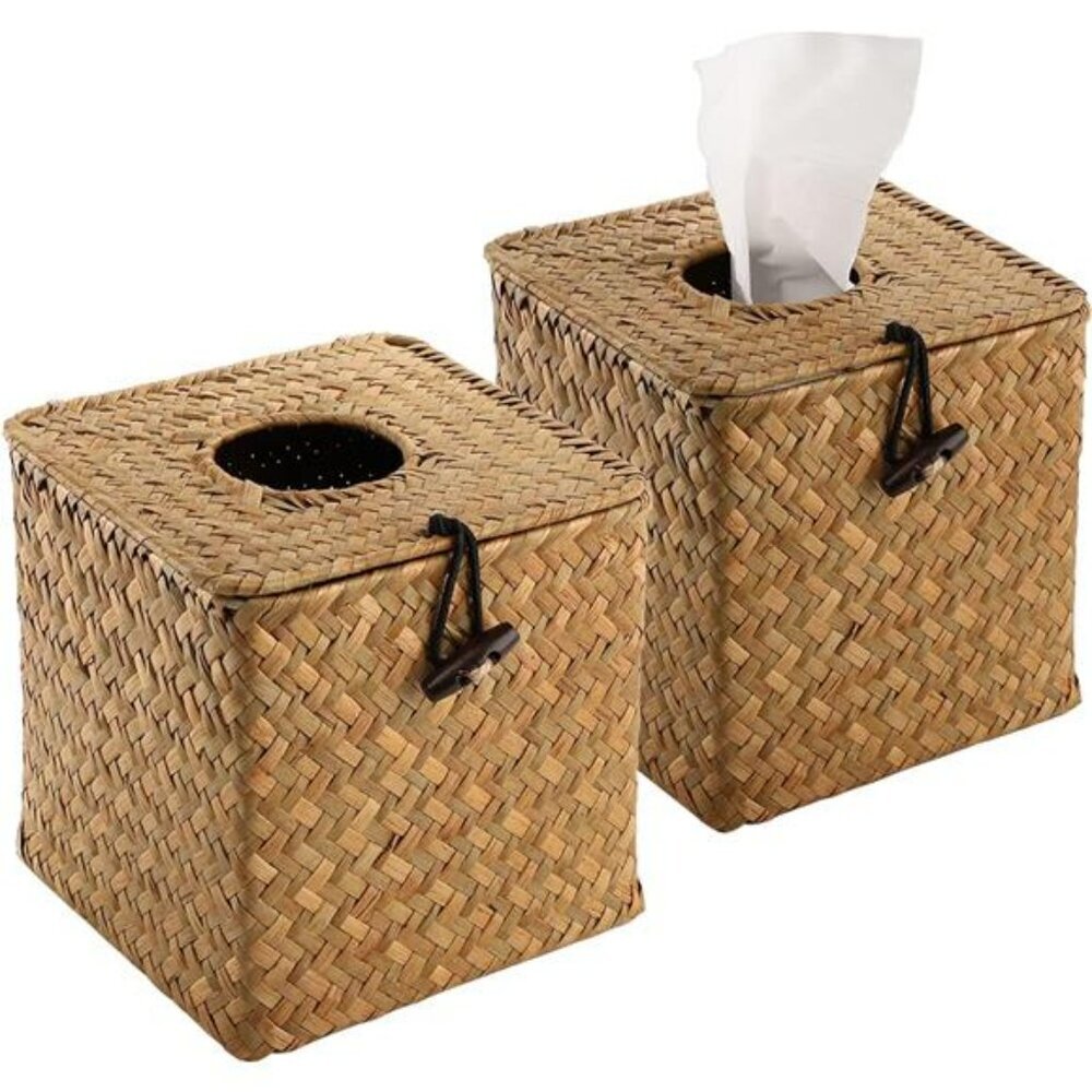 Seagrass tissue box cover set of 2 woven rattan tissue holder bathroom bedroom
